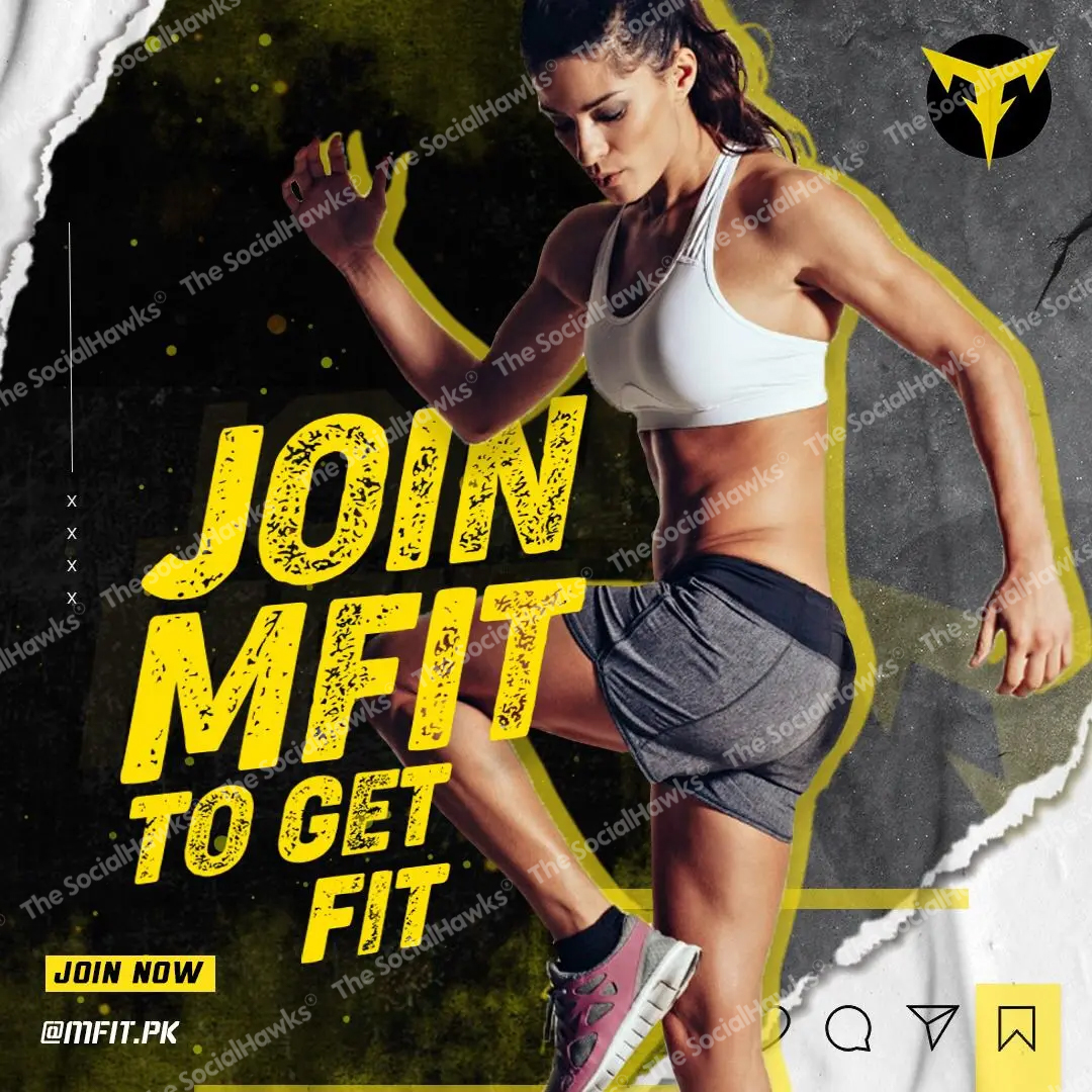Join MFit fitness ad with woman exercising in yellow and black gym branding